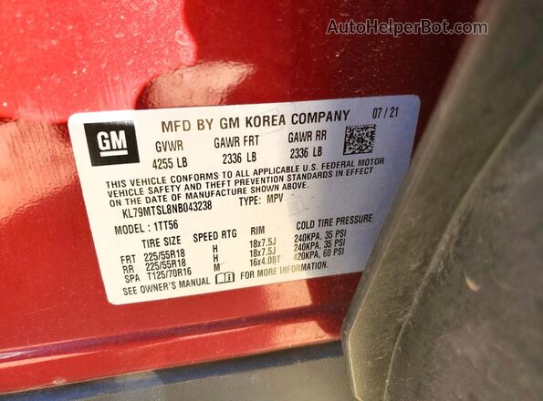 KL79MTSL8NB043238 2022 CHEVROLET TRAILBLAZER Красный Вид наклейки с VIN-кодом