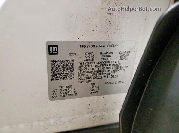 KL79MUSL1PB145151 2023 CHEVROLET TRAILBLAZER Белый Вид наклейки с VIN-кодом