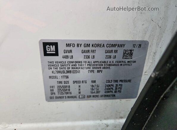 KL79MUSL3MB122241 2021 CHEVROLET TRAILBLAZER White Вид наклейки з VIN-кодом