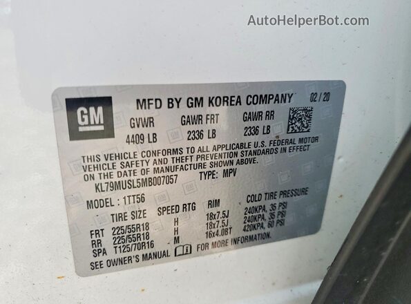 KL79MUSL5MB007057 2021 CHEVROLET TRAILBLAZER White Widok naklejki z numerem VIN