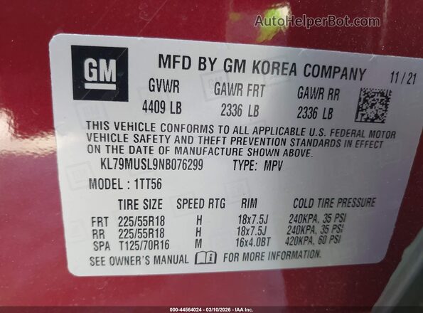 KL79MUSL9NB076299 2022 CHEVROLET TRAILBLAZER Красный Вид подкапотного пространства