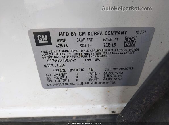 KL79MVSL4NB035522 2022 CHEVROLET TRAILBLAZER White ძრავის განყოფილების ხედი