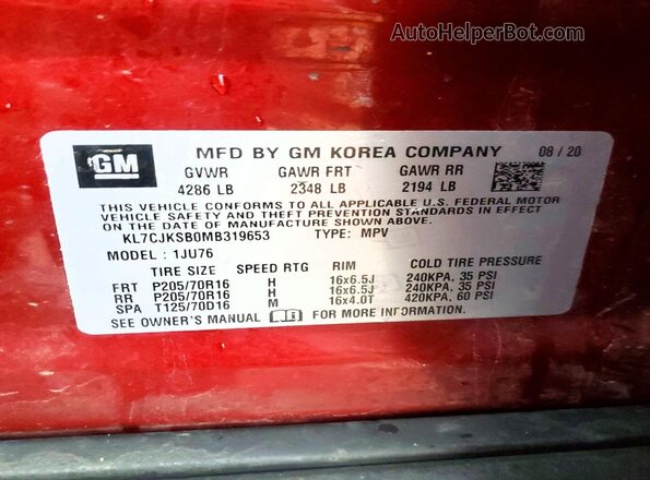 KL7CJKSB0MB319653 2021 CHEVROLET TRAX Maroon 
