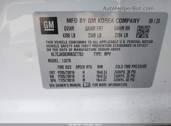 KL7CJKSB3MB327763 2021 CHEVROLET TRAX White Vista del compartimento del motor