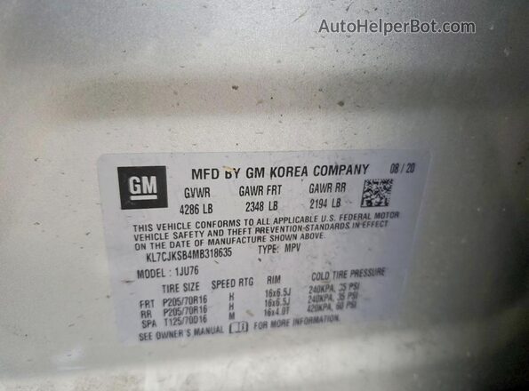 KL7CJKSB4MB318635 2021 CHEVROLET TRAX Gray 