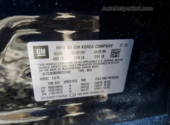 KL7CJKSB5MB313749 2021 CHEVROLET TRAX Черный Вид подкапотного пространства