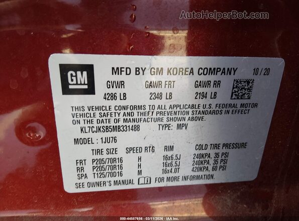 KL7CJKSB5MB331488 2021 CHEVROLET TRAX Red Շարժիչի բաժամունքի տեսք