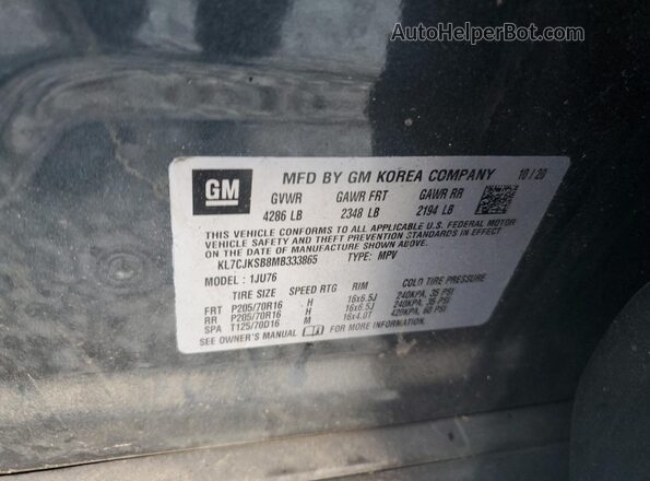 KL7CJKSB8MB333865 2021 CHEVROLET TRAX Blue VIN կոդի պիտակի տեսք