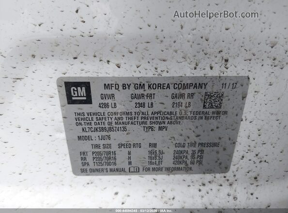 KL7CJKSB9JB574135 2018 CHEVROLET TRAX White 