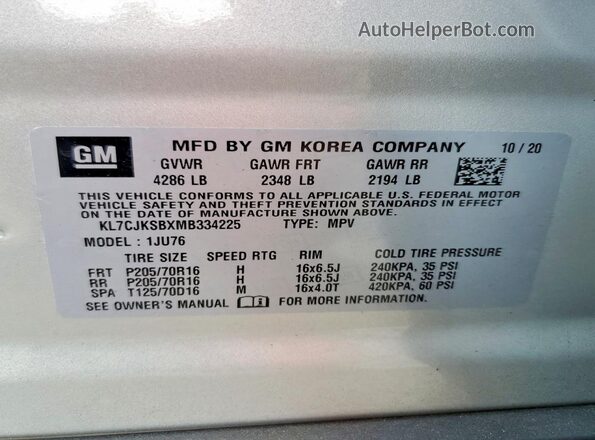 KL7CJKSBXMB334225 2021 CHEVROLET TRAX Gray VIN კოდის სტიკერის ხედი