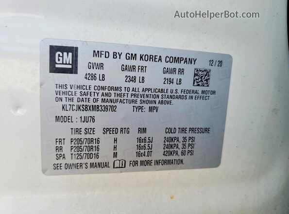 KL7CJKSBXMB339702 2021 CHEVROLET TRAX White Vista de la etiqueta del VIN