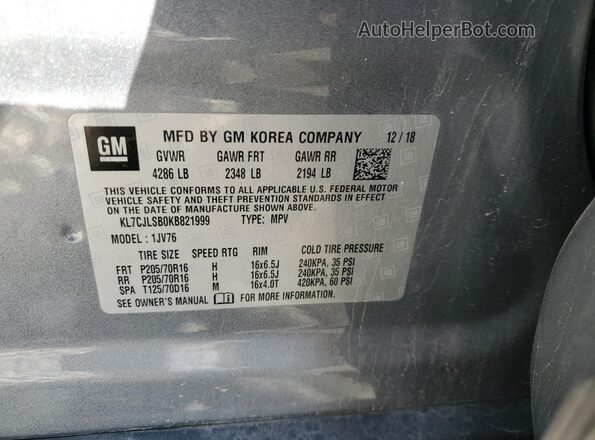 KL7CJLSB0KB821999 2019 CHEVROLET TRAX Silver 