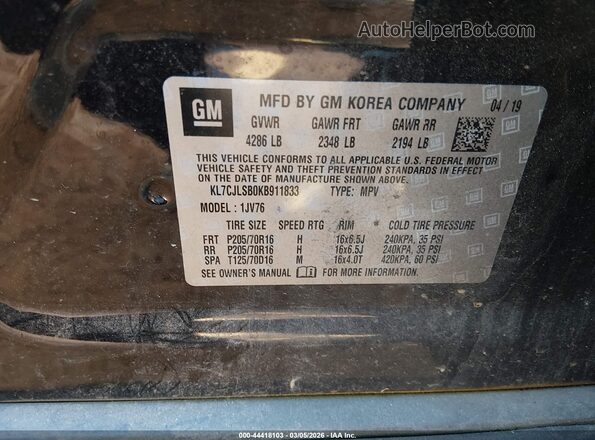 KL7CJLSB0KB911833 2019 CHEVROLET TRAX Black Engine compartment view