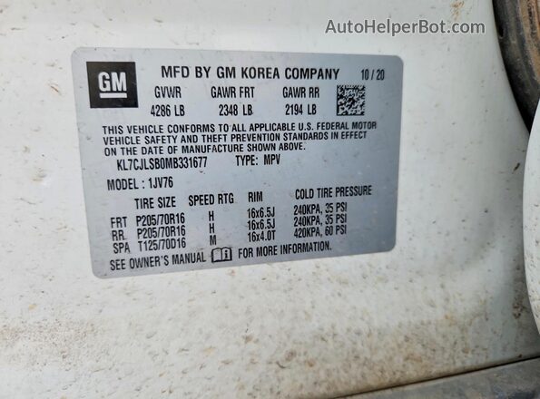 KL7CJLSB0MB331677 2021 CHEVROLET TRAX White VIN კოდის სტიკერის ხედი