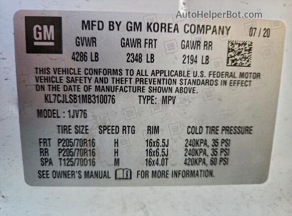 KL7CJLSB1MB310076 2021 CHEVROLET TRAX White 
