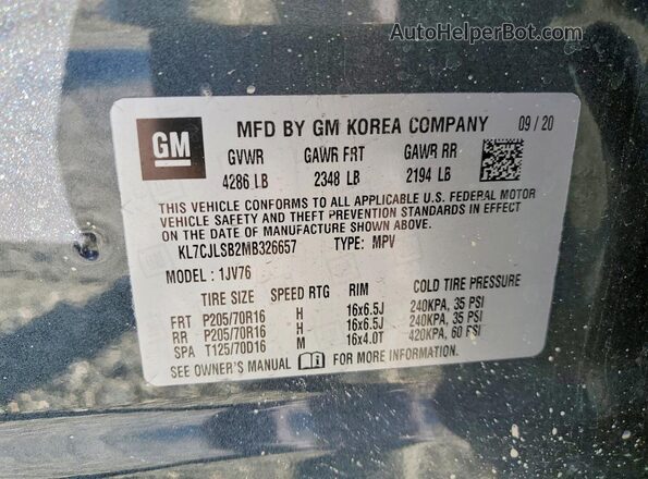 KL7CJLSB2MB326657 2021 CHEVROLET TRAX Угольный Вид наклейки с VIN-кодом
