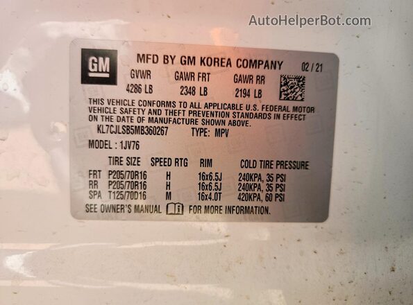 KL7CJLSB5MB360267 2021 CHEVROLET TRAX White VIN sticker view