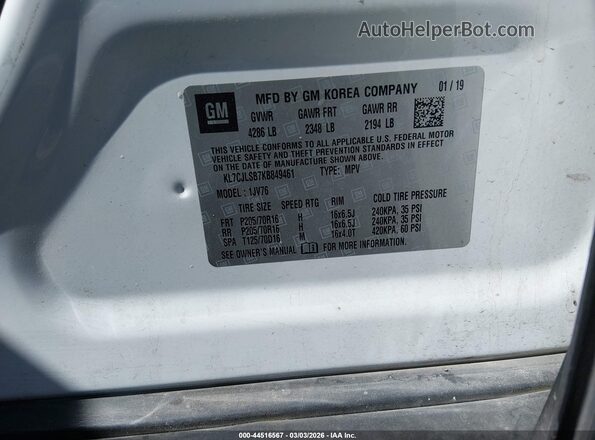 KL7CJLSB7KB849461 2019 CHEVROLET TRAX White Engine compartment view