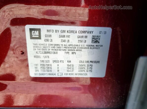 KL7CJLSB8MB313640 2021 CHEVROLET TRAX Red VIN կոդի պիտակի տեսք