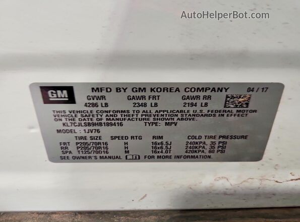 KL7CJLSB9HB189416 2017 CHEVROLET TRAX White VIN կոդի պիտակի տեսք