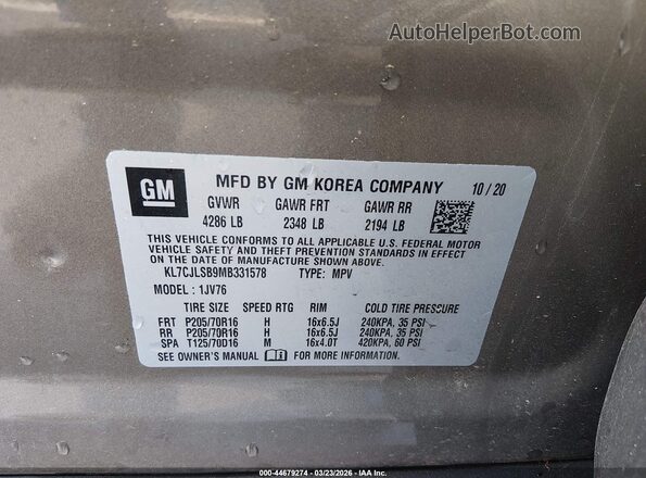 KL7CJLSB9MB331578 2021 CHEVROLET TRAX Brown Շարժիչի բաժամունքի տեսք