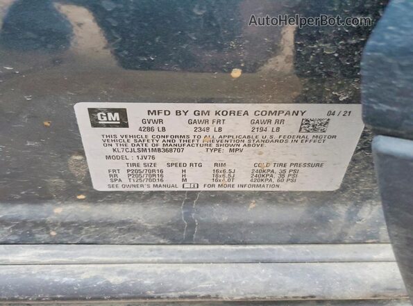 KL7CJLSM1MB368707 2021 CHEVROLET TRAX Угольный Панорамный вид салона 360°