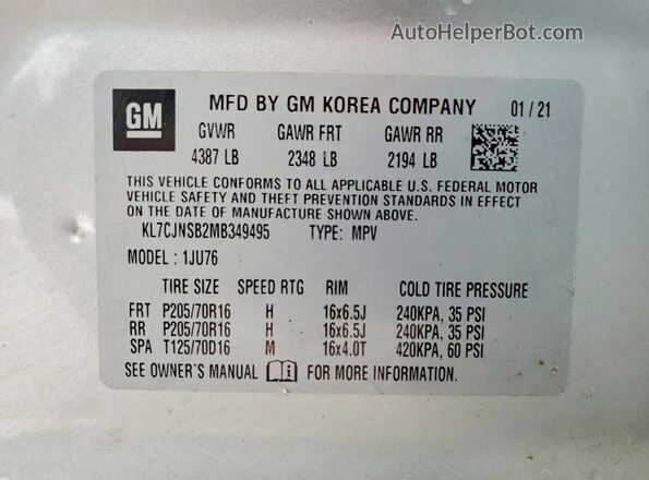 KL7CJNSB2MB349495 2021 CHEVROLET TRAX Silver VIN կոդի պիտակի տեսք