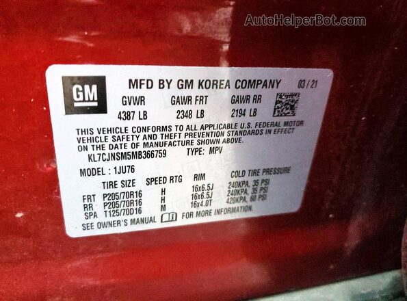KL7CJNSM5MB366759 2021 CHEVROLET TRAX Red VIN կոդի պիտակի տեսք