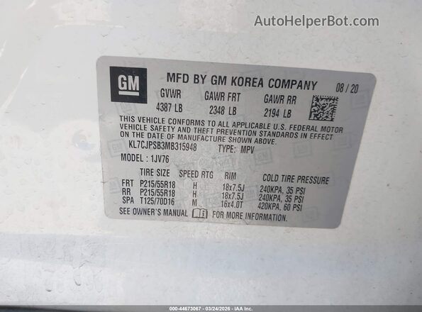 KL7CJPSB3MB315948 2021 CHEVROLET TRAX White Շարժիչի բաժամունքի տեսք