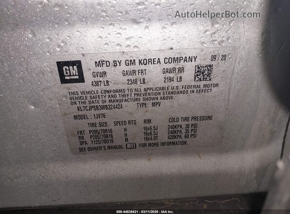 KL7CJPSB3MB324424 2021 CHEVROLET TRAX Серебряный Вид подкапотного пространства