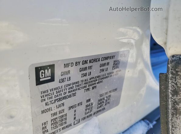 KL7CJPSB5MB346702 2021 CHEVROLET TRAX White VIN կոդի պիտակի տեսք