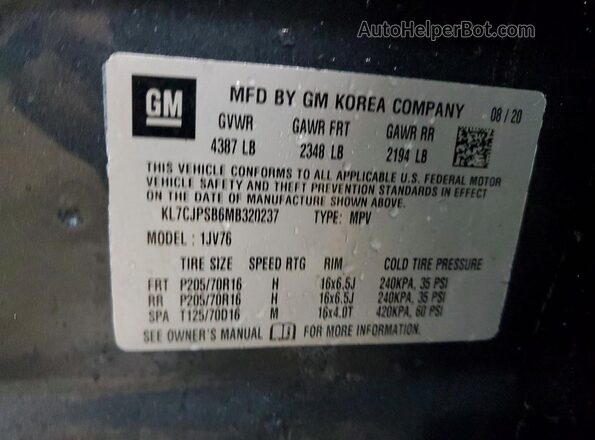 KL7CJPSB6MB320237 2021 CHEVROLET TRAX Gray Widok naklejki z numerem VIN