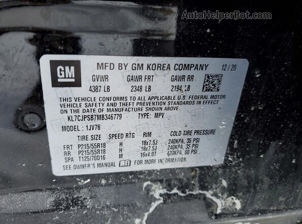 KL7CJPSB7MB346779 2021 CHEVROLET TRAX Black Widok naklejki z numerem VIN