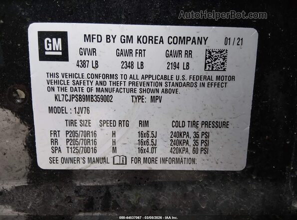 KL7CJPSB9MB359002 2021 CHEVROLET TRAX Черный Вид подкапотного пространства