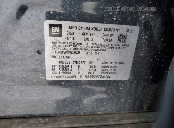 KL7CJPSM0MB366356 2021 CHEVROLET TRAX Blue Vista de la etiqueta del VIN