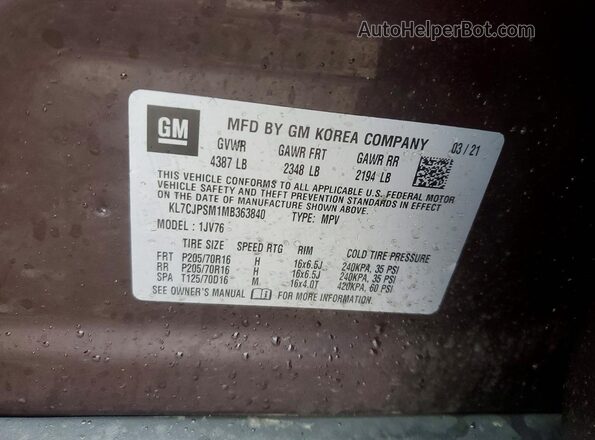 KL7CJPSM1MB363840 2021 CHEVROLET TRAX Purple Engine compartment view