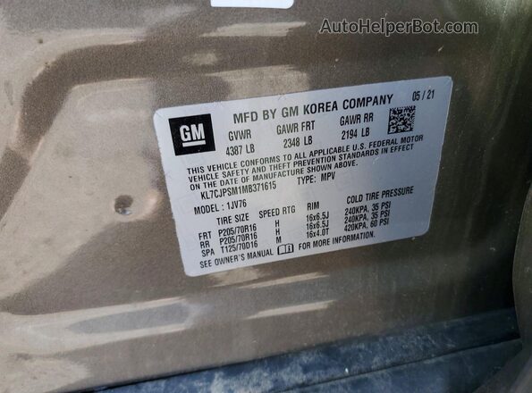 KL7CJPSM1MB371615 2021 CHEVROLET TRAX Silver Widok naklejki z numerem VIN