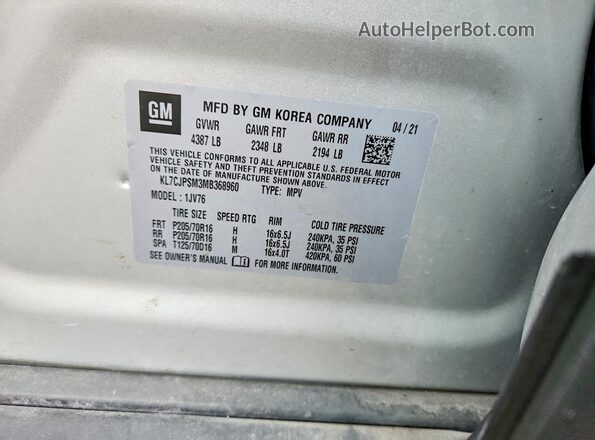 KL7CJPSM3MB368960 2021 CHEVROLET TRAX Silver 360 interior view