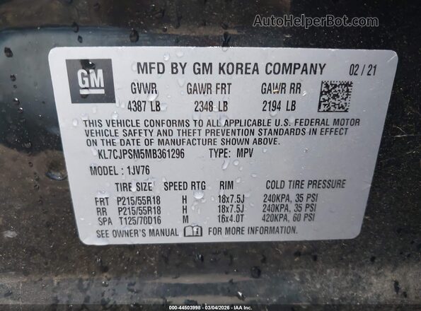 KL7CJPSM5MB361296 2021 CHEVROLET TRAX Black Շարժիչի բաժամունքի տեսք