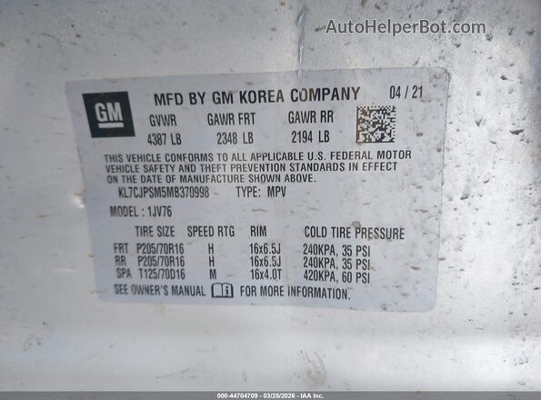 KL7CJPSM5MB370998 2021 CHEVROLET TRAX Серебряный Вид подкапотного пространства