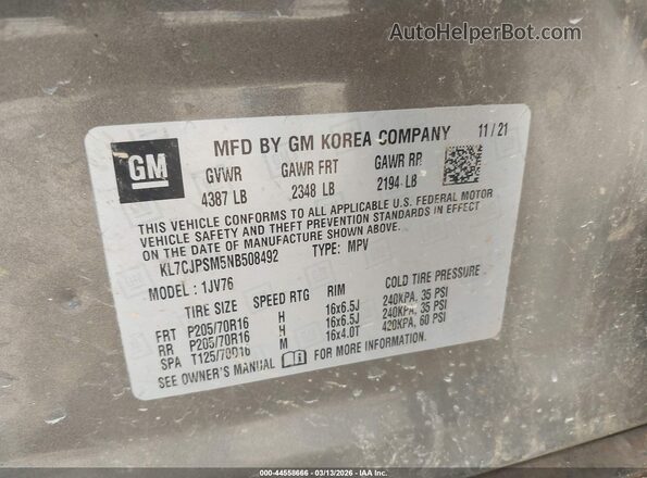 KL7CJPSM5NB508492 2022 CHEVROLET TRAX Beige Вид підкапотного простору