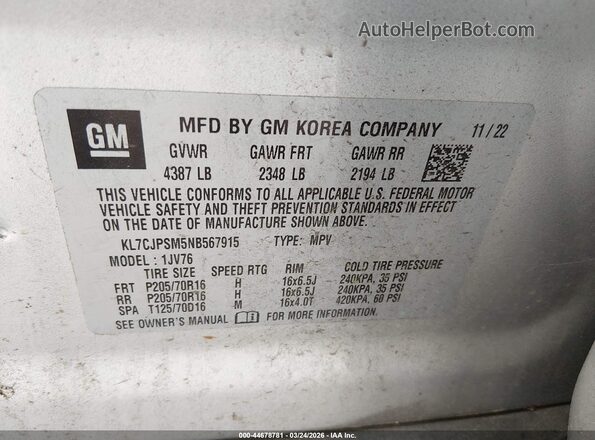KL7CJPSM5NB567915 2022 CHEVROLET TRAX Silver Вид підкапотного простору