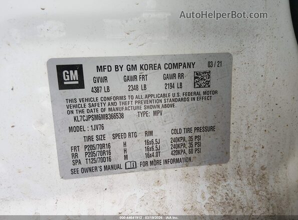 KL7CJPSM6MB366538 2021 CHEVROLET TRAX Белый Вид подкапотного пространства