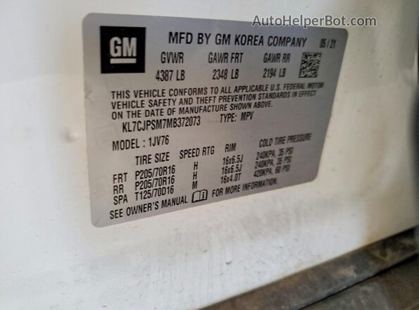 KL7CJPSM7MB372073 2021 CHEVROLET TRAX Белый Вид подкапотного пространства