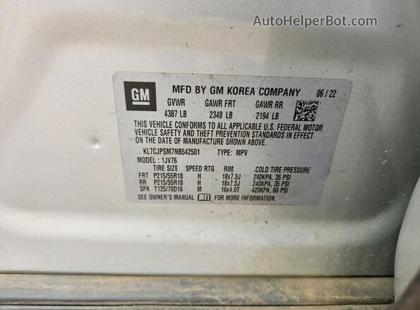 KL7CJPSM7NB542501 2022 CHEVROLET TRAX Silver VIN sticker view