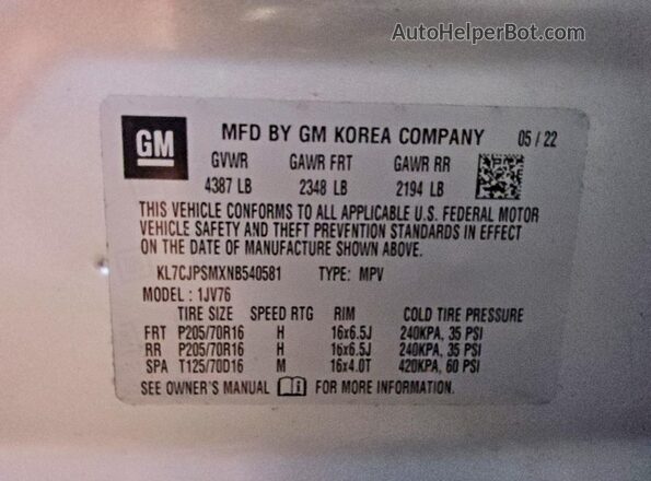 KL7CJPSMXNB540581 2022 CHEVROLET TRAX Silver VIN sticker view