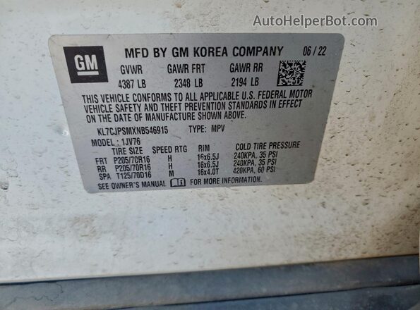 KL7CJPSMXNB546915 2022 CHEVROLET TRAX White VIN კოდის სტიკერის ხედი