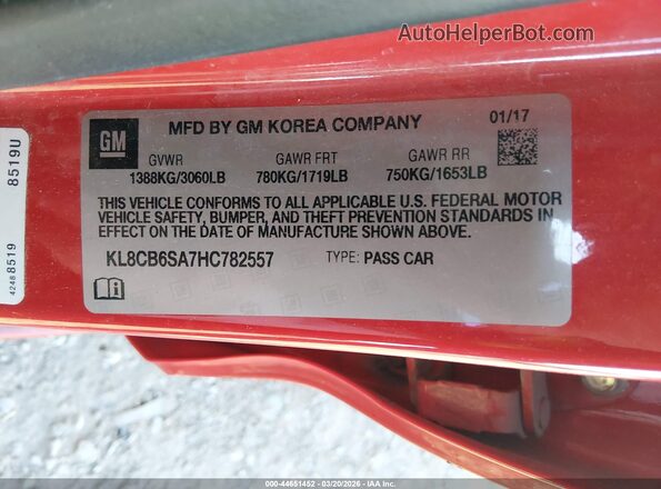 KL8CB6SA7HC782557 2017 CHEVROLET SPARK Red ძრავის განყოფილების ხედი