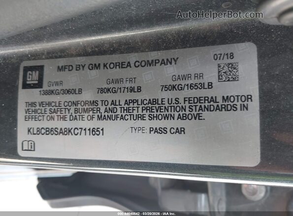 KL8CB6SA8KC711651 2019 CHEVROLET SPARK Gray Շարժիչի բաժամունքի տեսք