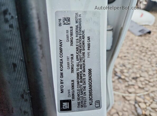 KL8CB6SA9GC643996 2016 CHEVROLET SPARK White VIN կոդի պիտակի տեսք